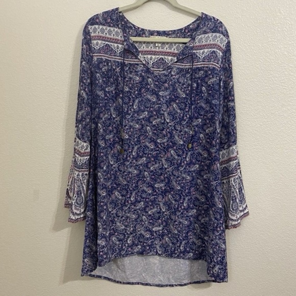 EUC Billabong Paisley Tie-Neck Peasant Tunic Dress in Navy and White Design - Picture 1 of 14